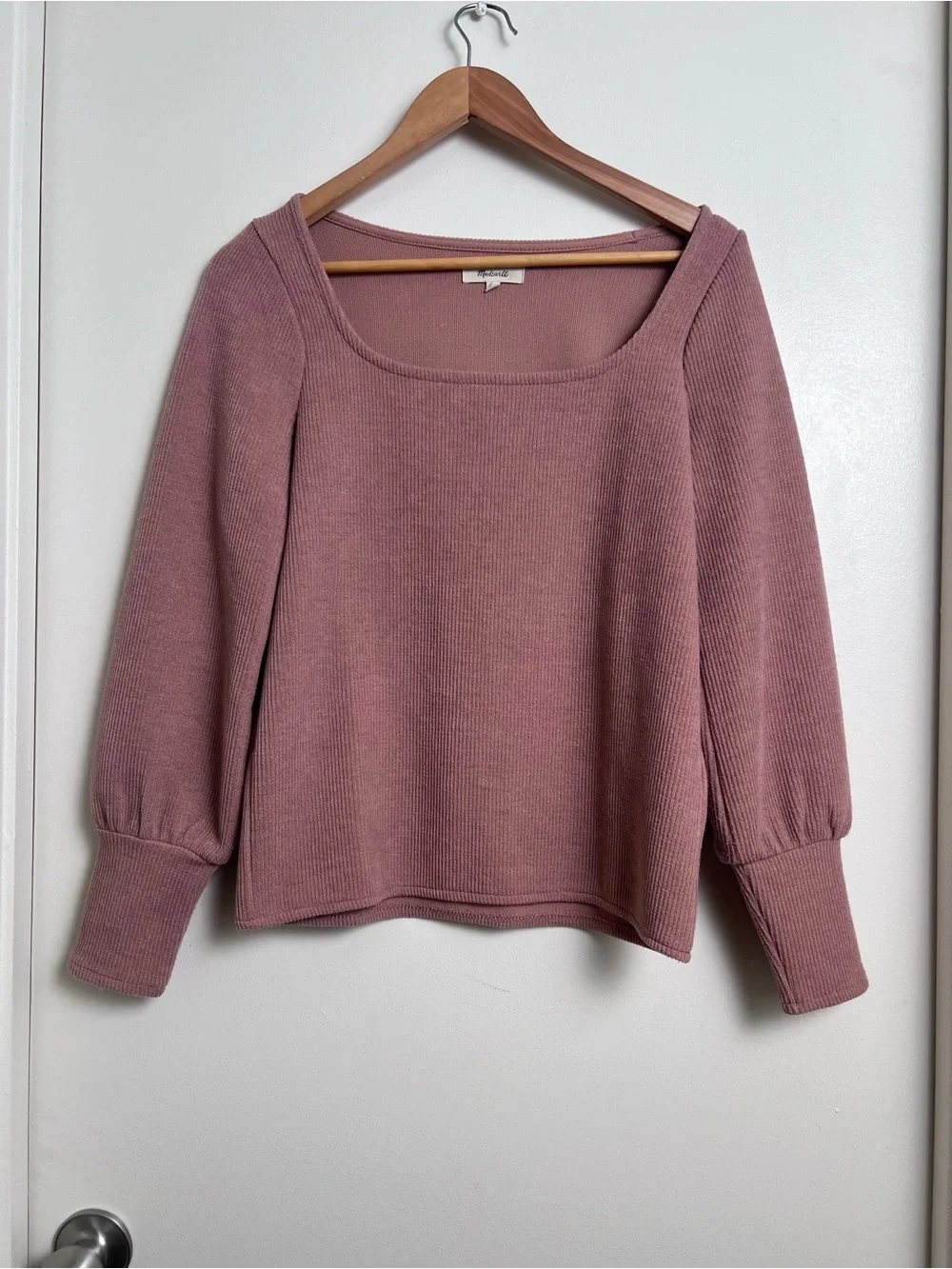 Madewell S Dusty Rose Square Neck Balloon Sleeve Ribbed Knit Top
